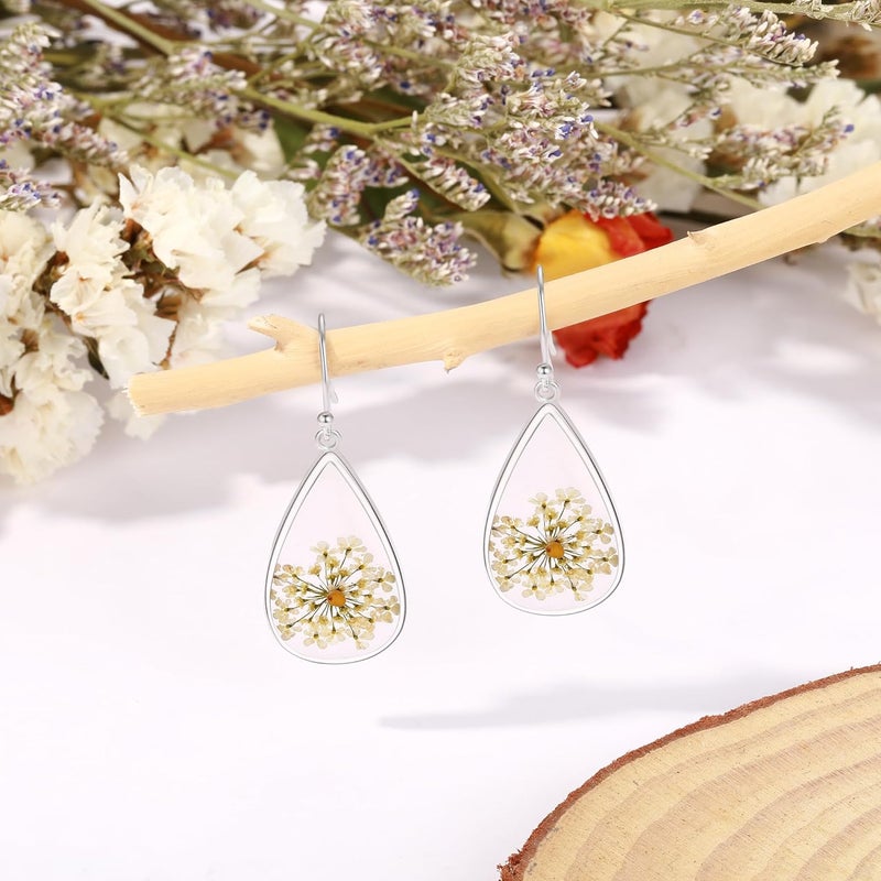 AUNTESIGN Store Forget-Me-Not and Queen Anne's Lace Pressed Wildflower Earrings | Pressed Flower Earrings | Handmade Drop and Dangle Earrings | Gift for Woman - Image 3